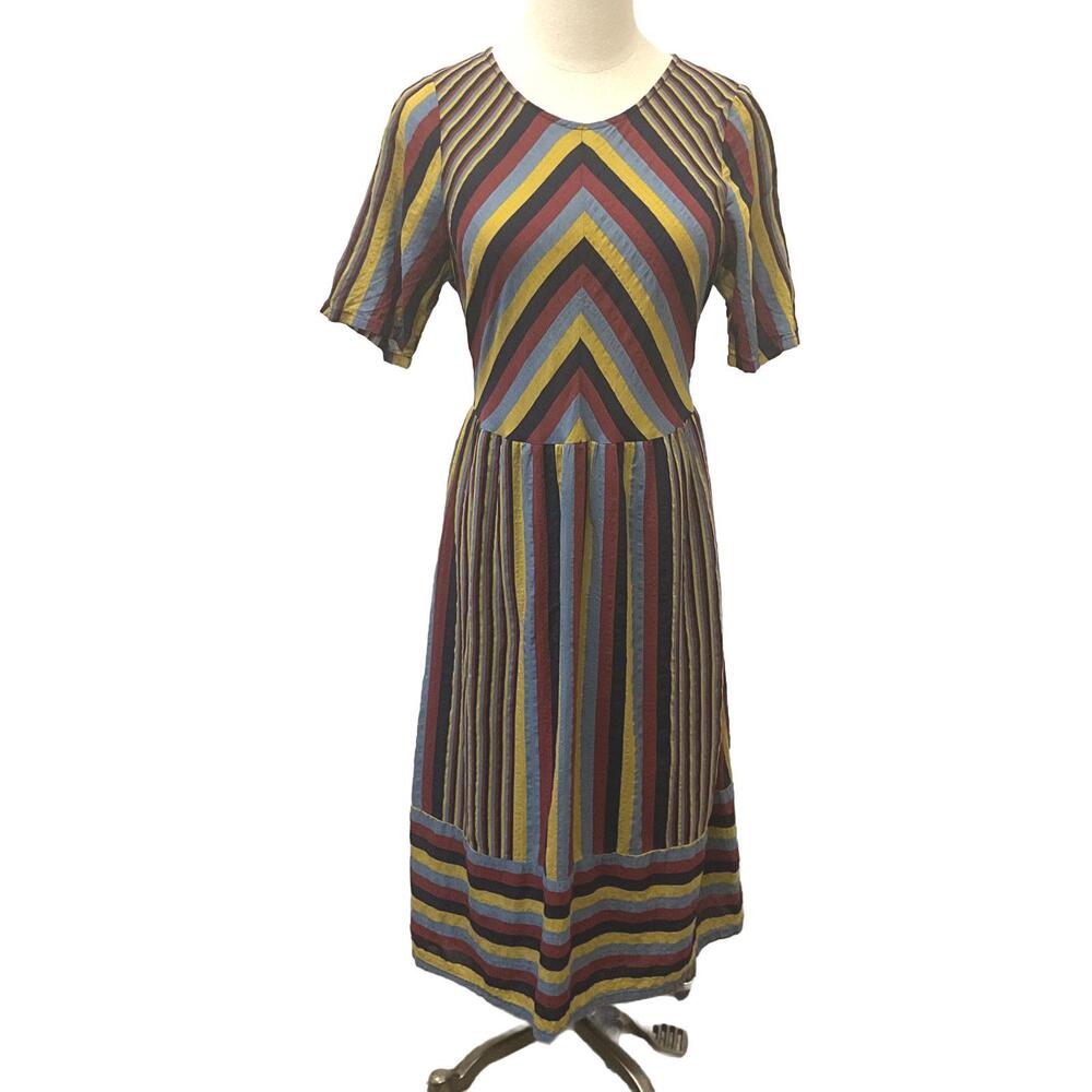 Polagram Women's Size Small Red Blue Yellow Fit Flare Midi Length Dress